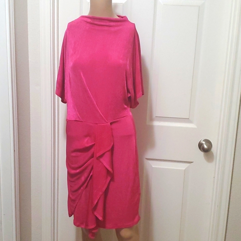 NWT Boohoo 10 slinky fushia high neck faux wrap show stopper mini dress